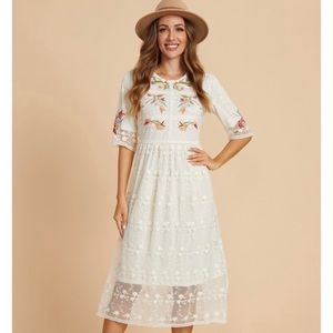 Ivory Embroidered Lace Midi Dress